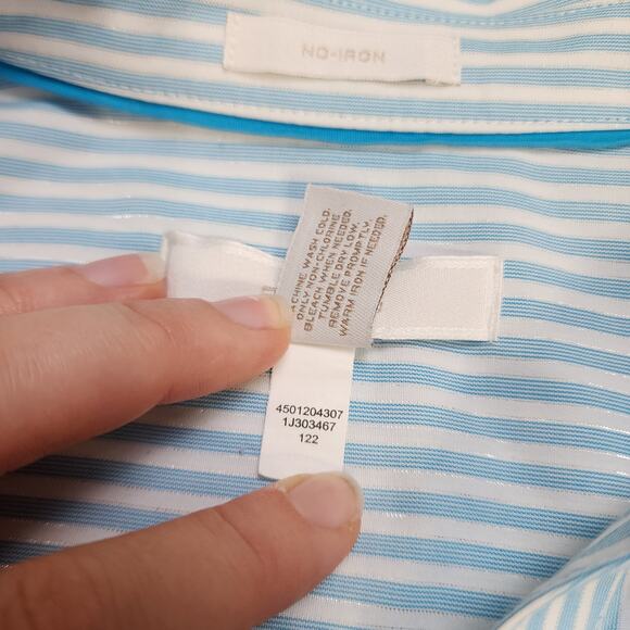 Chicos Womens No Iron Striped Shirt Large Blue White Metallic Stripe 3/4 Sleeves - Picture 6 of 8